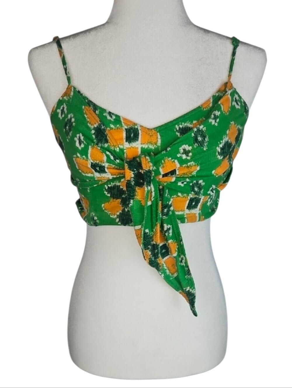 Aerie Crop Top Cami Tie Front Green Yellow Retro Print Ruched Back Geometric, M